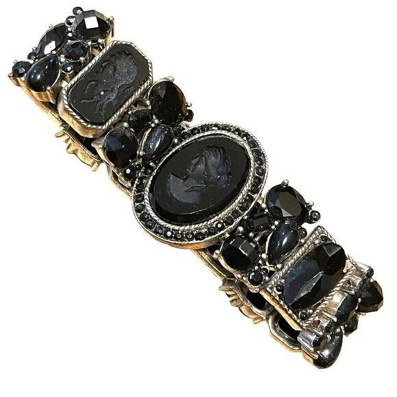 Costume Silver w/ Black Onyx Lucite Embossed Jewelry Bracelet Panels Stretch - Picture 1 of 8
